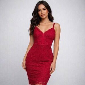 Express Lace Sheath Dress Women 4 Red Floral Eyelash Trim V-Neck Cocktail Chic